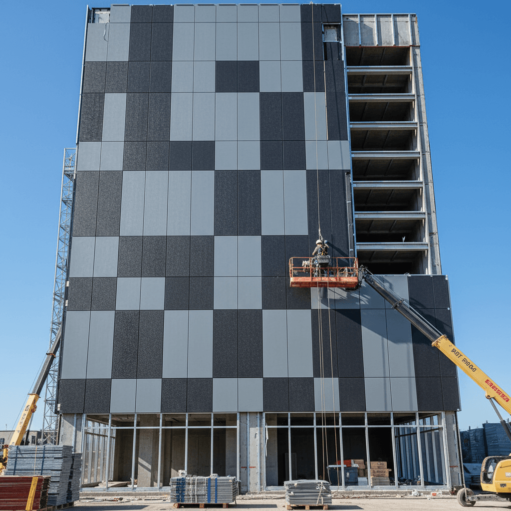 Commercial cladding installation on building exterior