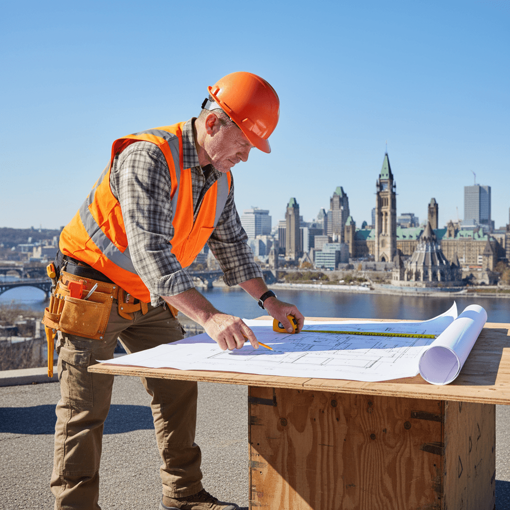 Masonry professional reviewing building plans with Ottawa skyline in the background