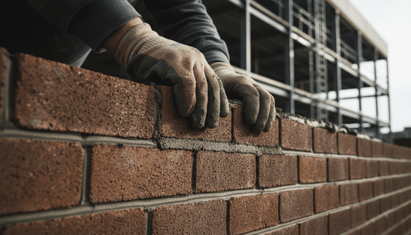 Mason laying brick with precision on commercial building project