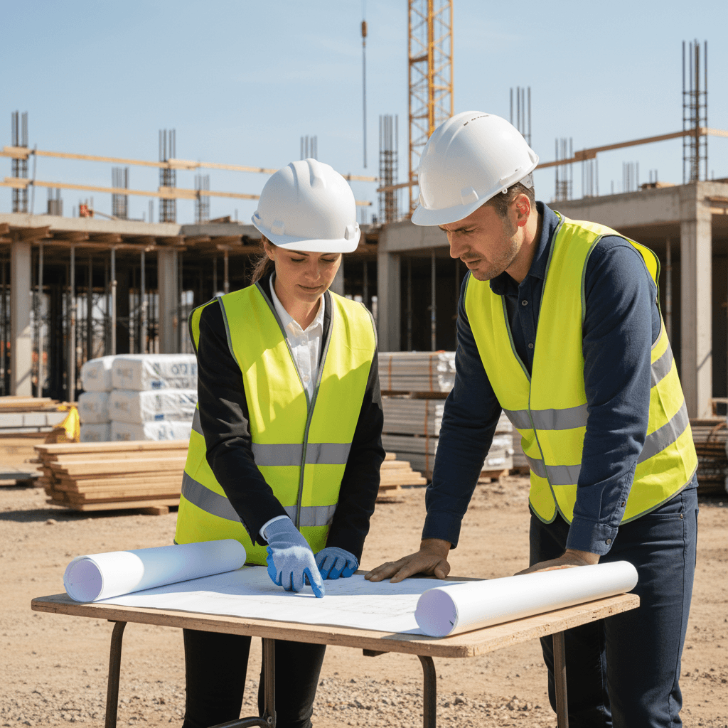 Construction professional consulting with client on building project