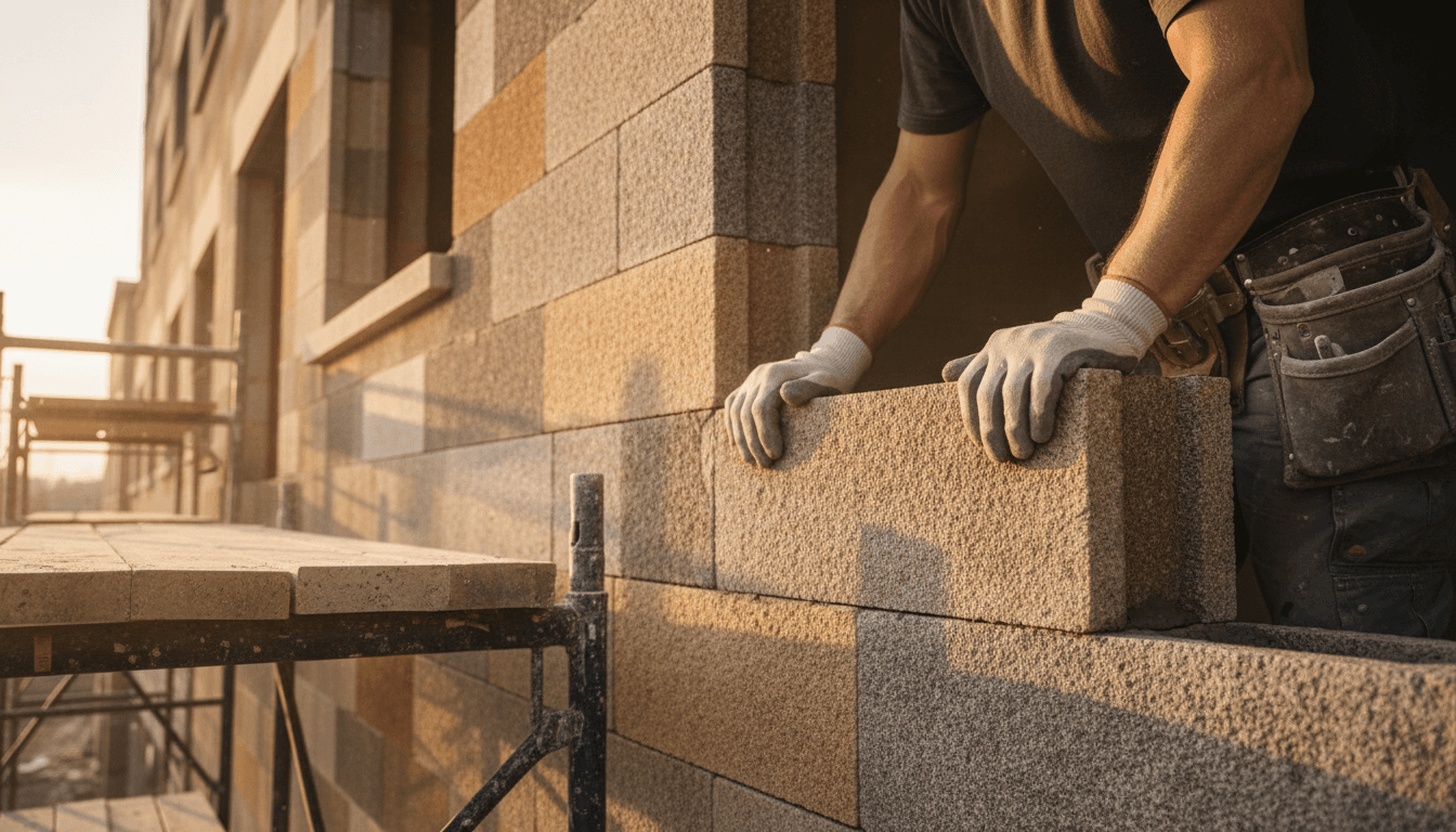 Mason applying precision masonry technique on commercial building exterior in Ottawa