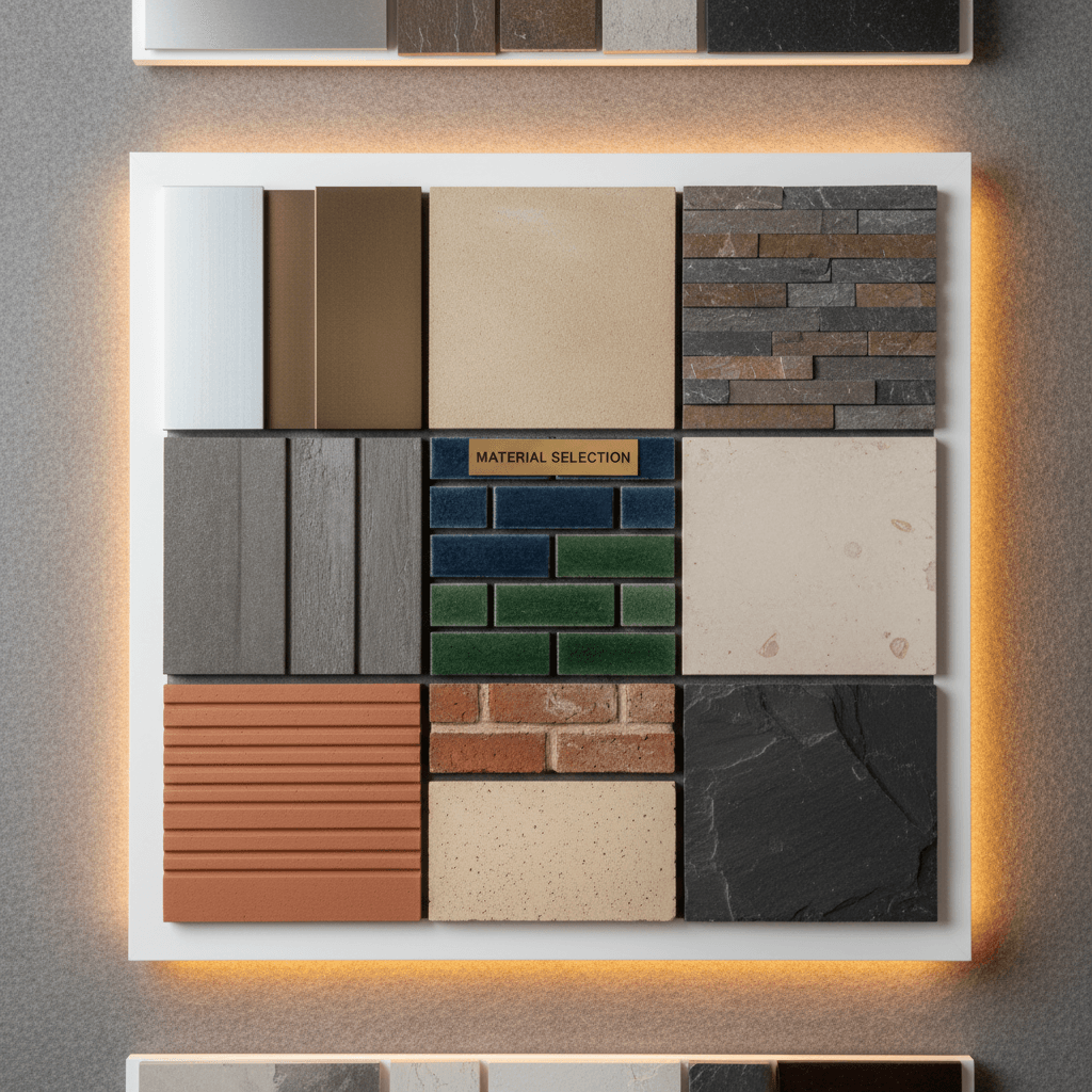 Commercial cladding and masonry finish material samples