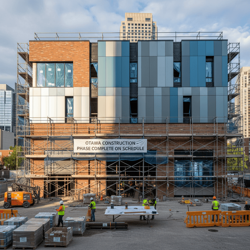 Commercial construction project with completed masonry and cladding work