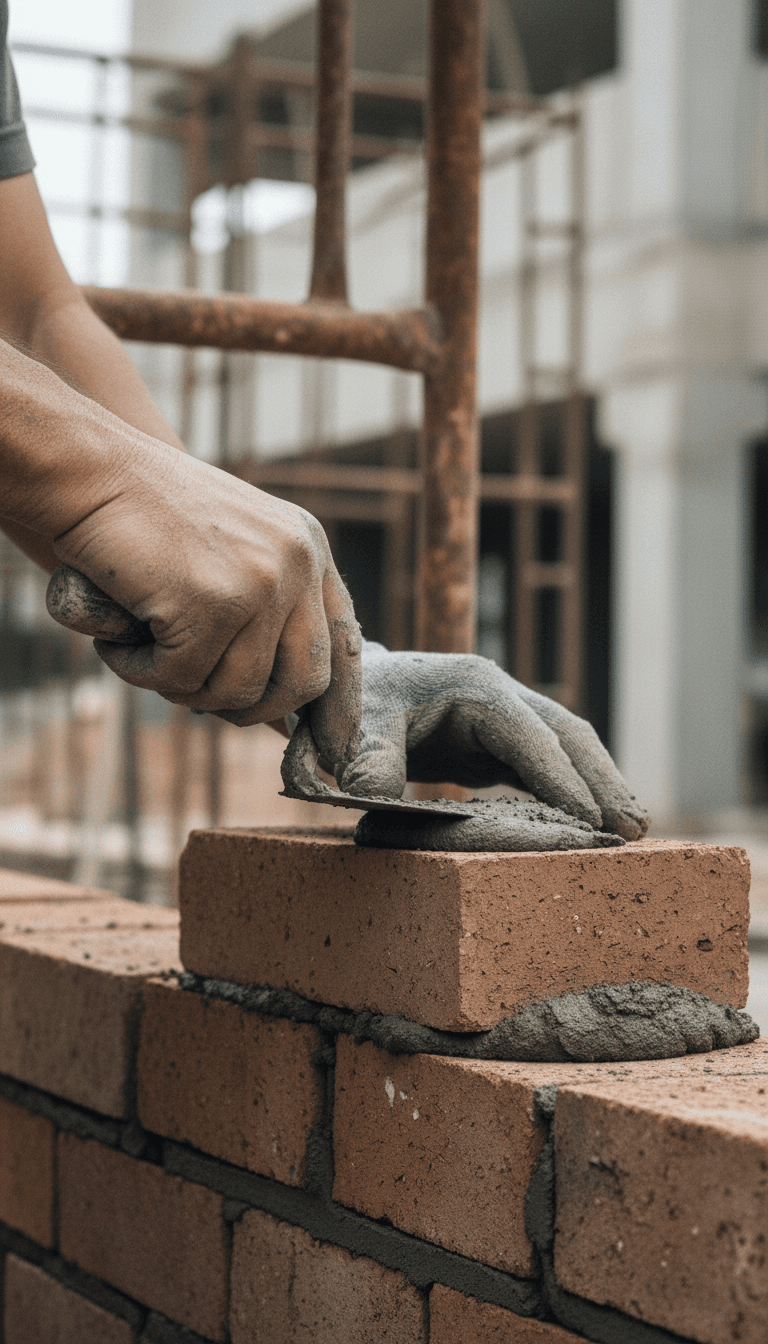 Skilled mason laying brick with precise mortar application on commercial masonry project