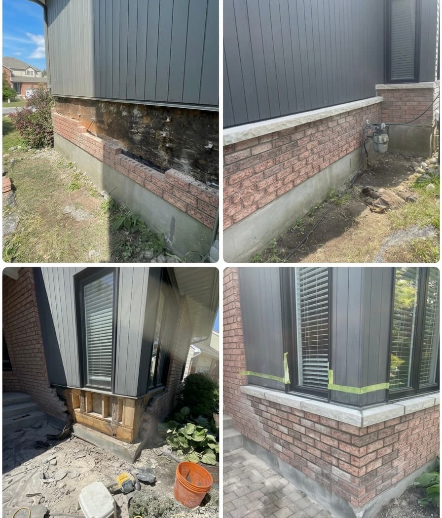 Before and after photos showing the restoration of damaged exterior brickwork and stone sills.