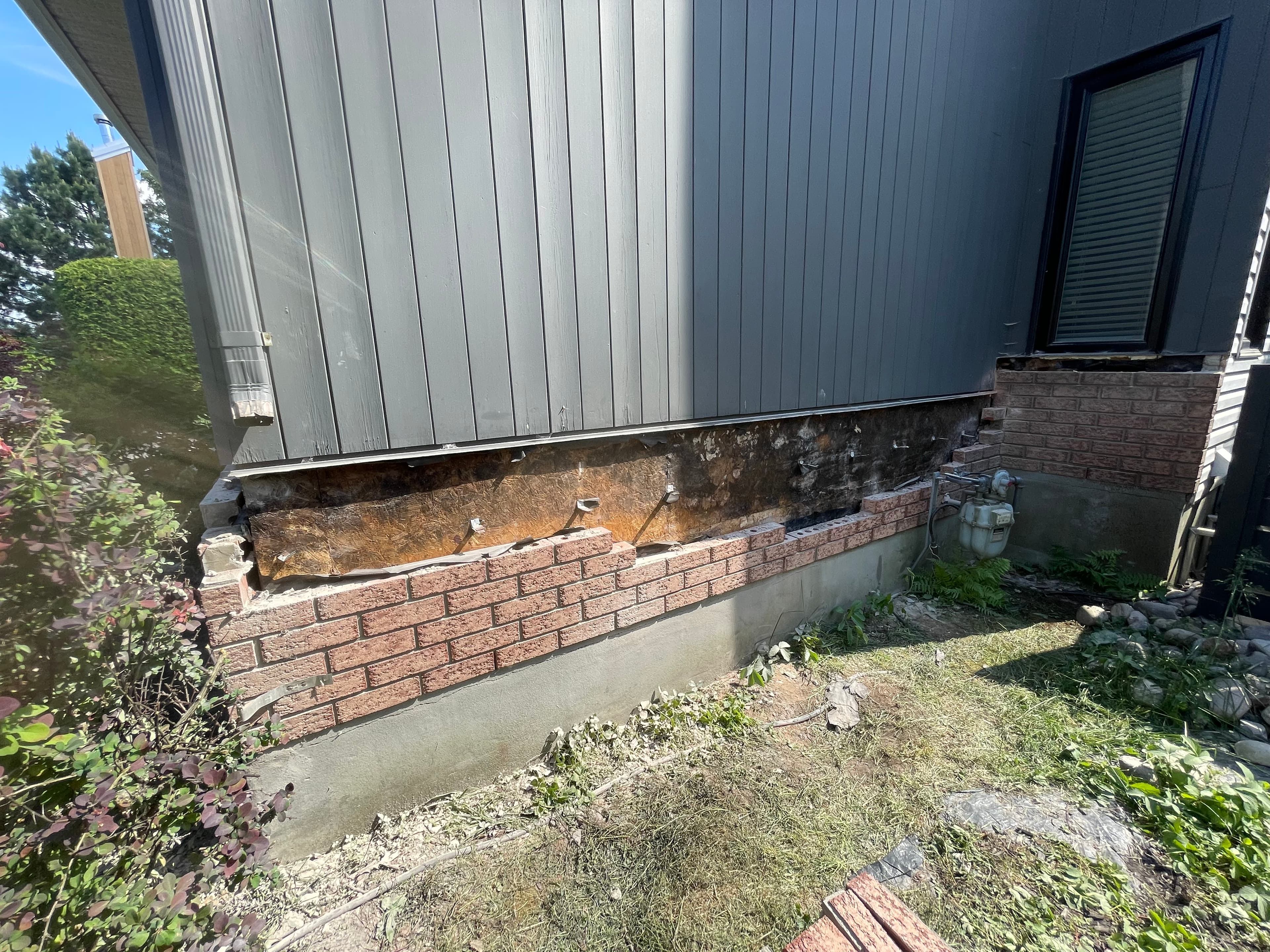 Grey siding above exposed wood sheathing and a partially constructed red brick foundation wall.